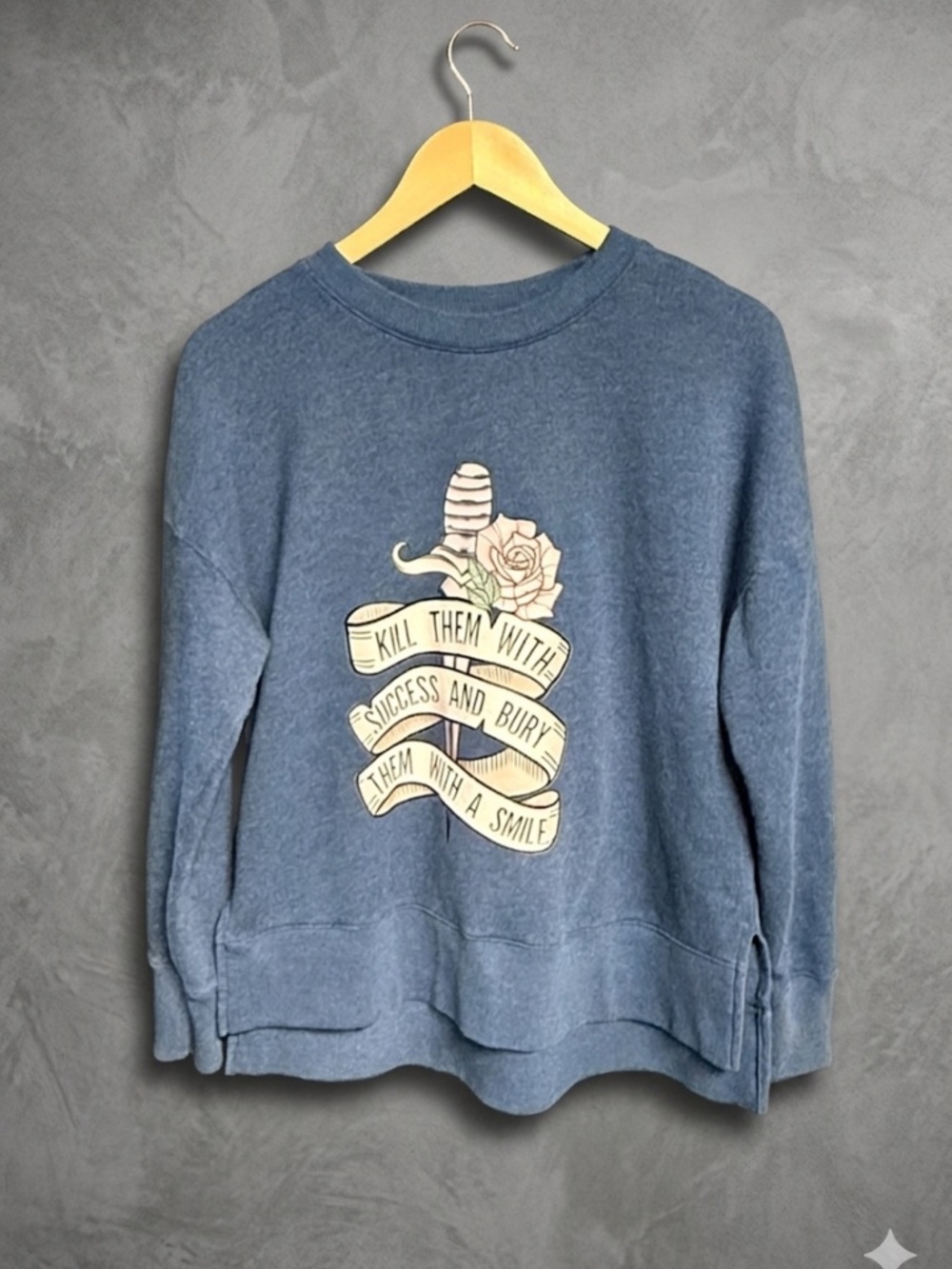 Graphic Crewneck Sweatshirt Medium Blue "Kill Them With Success" Dagger Rose M
